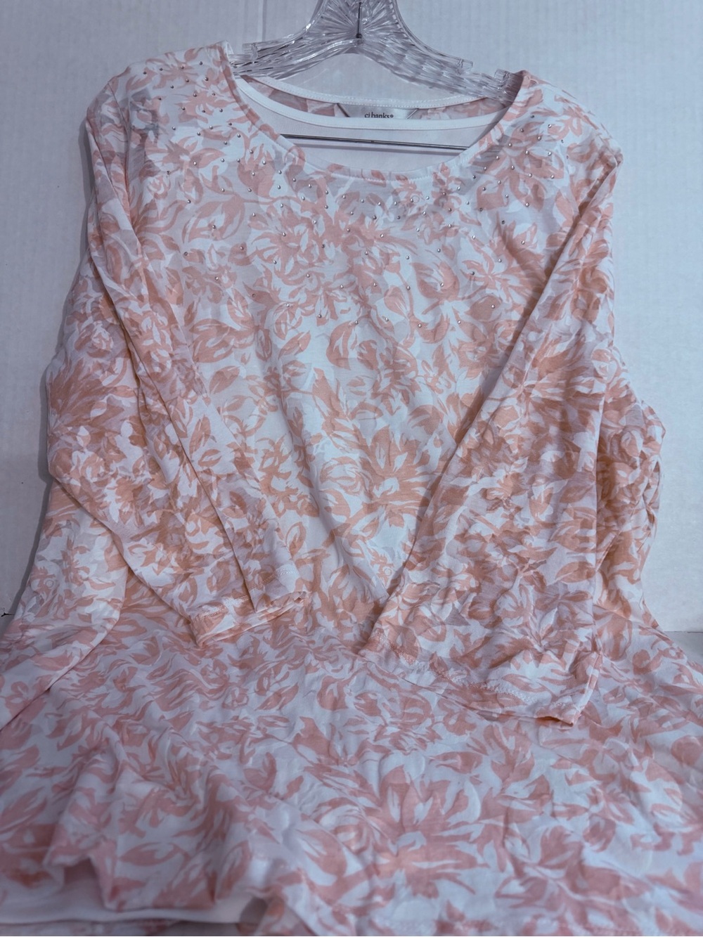 CJ Banks Peach & White Floral Long-Sleeve lined Blouse